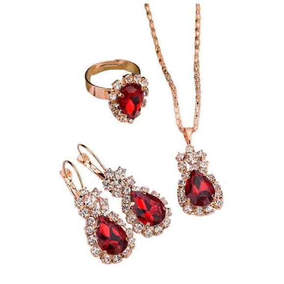 Blue Oval Jewelry SET Drop Earrings Necklace Adjustable Ring Gold NEW - Picture 10 of 10